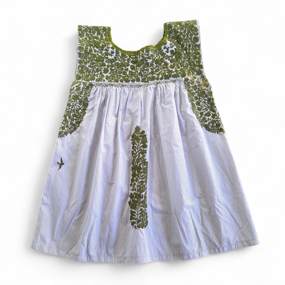 MI GOLONDRINA Mexico Flores Embroidered Blouse Green Striped Sleeveless Top XS